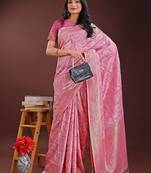 pink color woven work cotton saree with blouse
