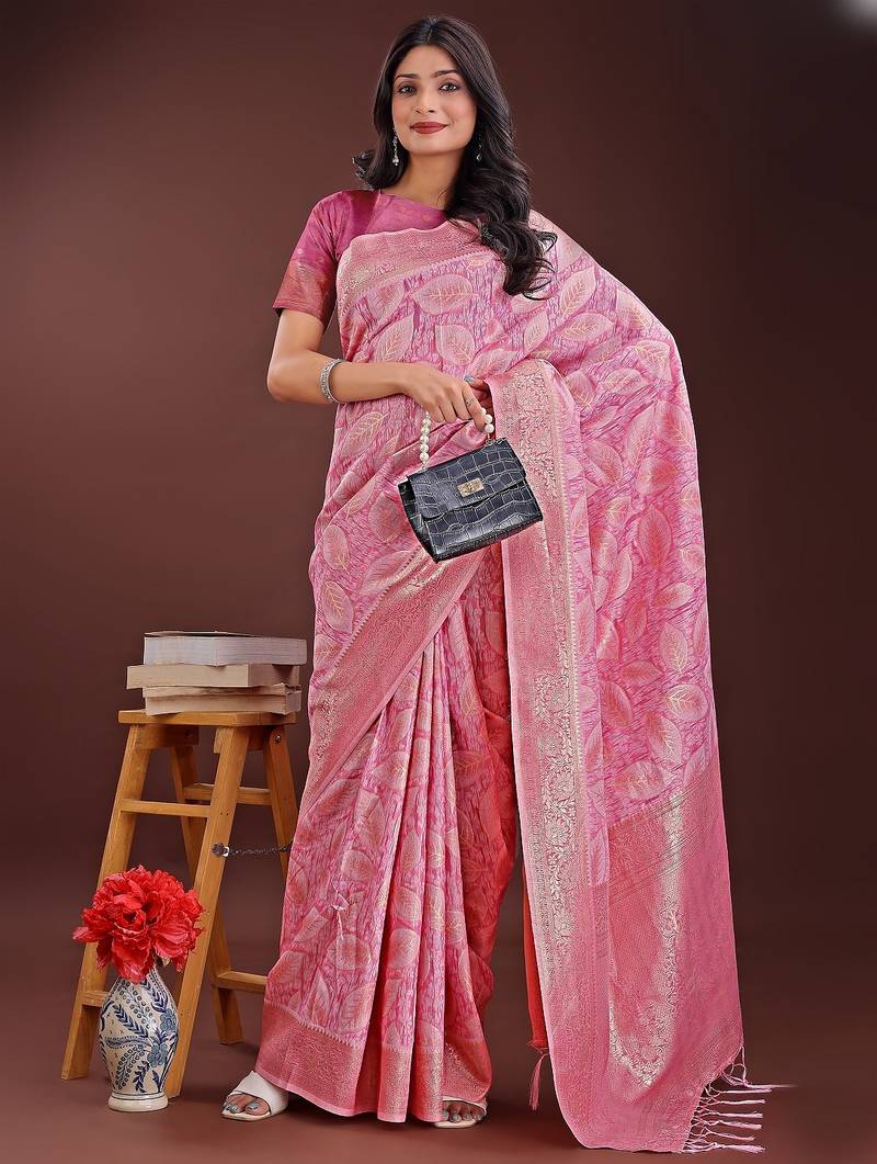 pink color woven work cotton saree with blouse
