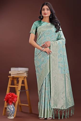 sea green color woven work cotton saree with blouse