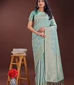 sea green color woven work cotton saree with blouse
