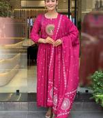 Rani pink cotton heavy thread embroidery work with khadi printed kurta pant set