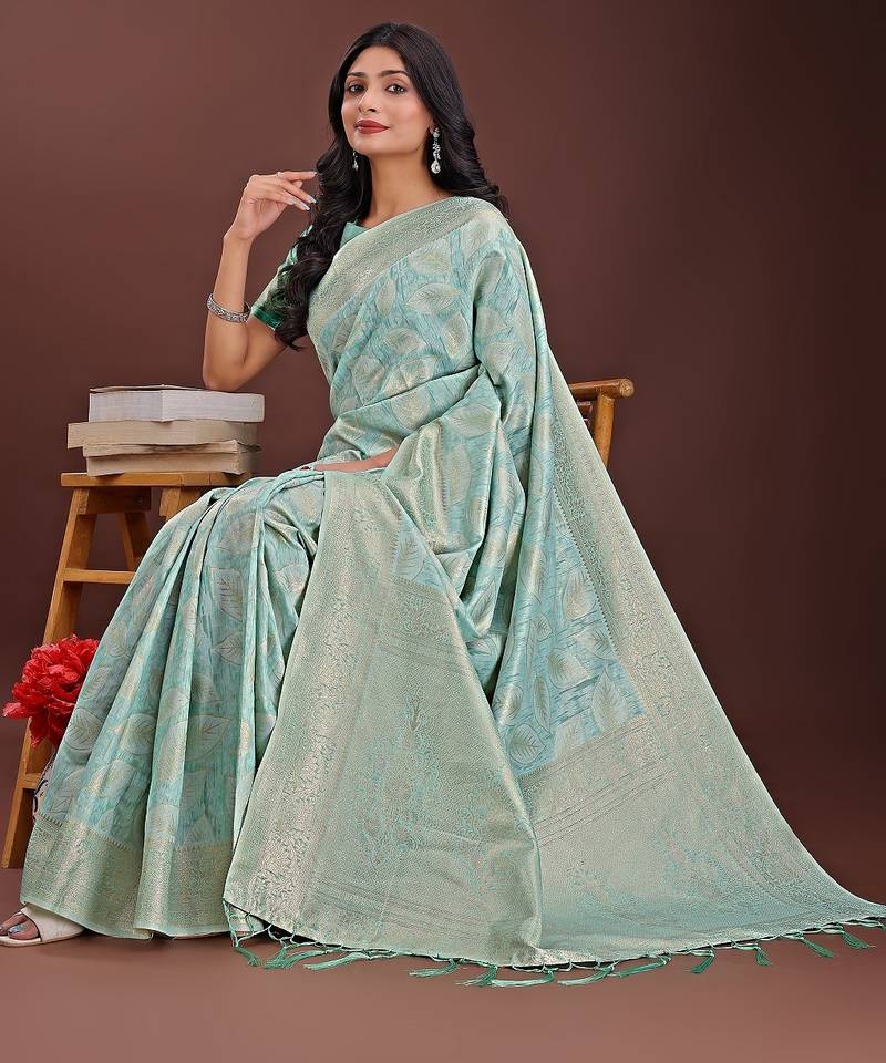 sea green color woven work cotton saree with blouse