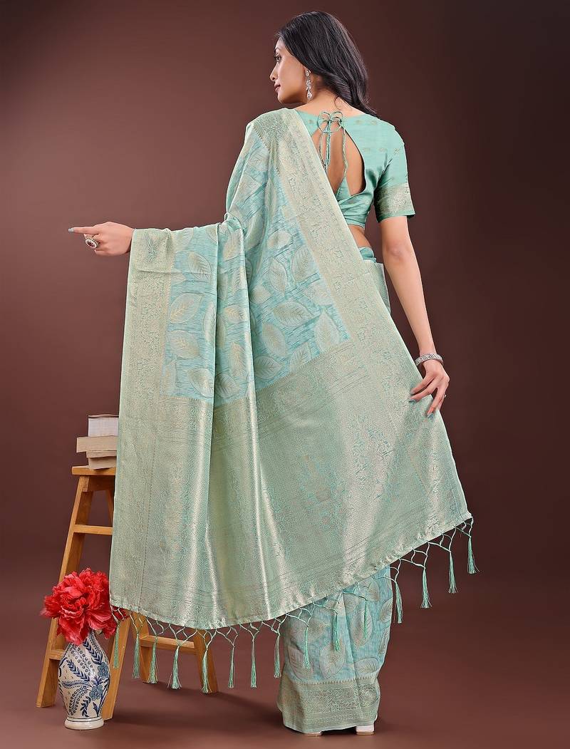 sea green color woven work cotton saree with blouse