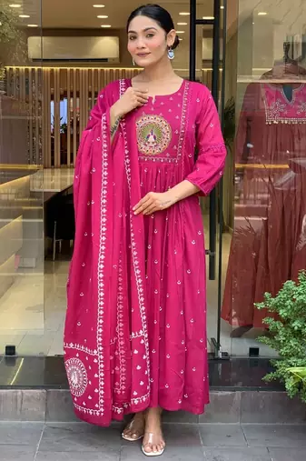 Rani pink cotton heavy thread embroidery work with khadi printed kurta pant set