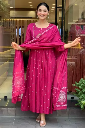 Rani pink cotton heavy thread embroidery work with khadi printed kurta pant set