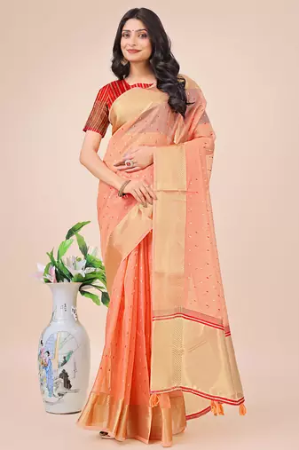 peach color zari border work orgenza saree with blouse