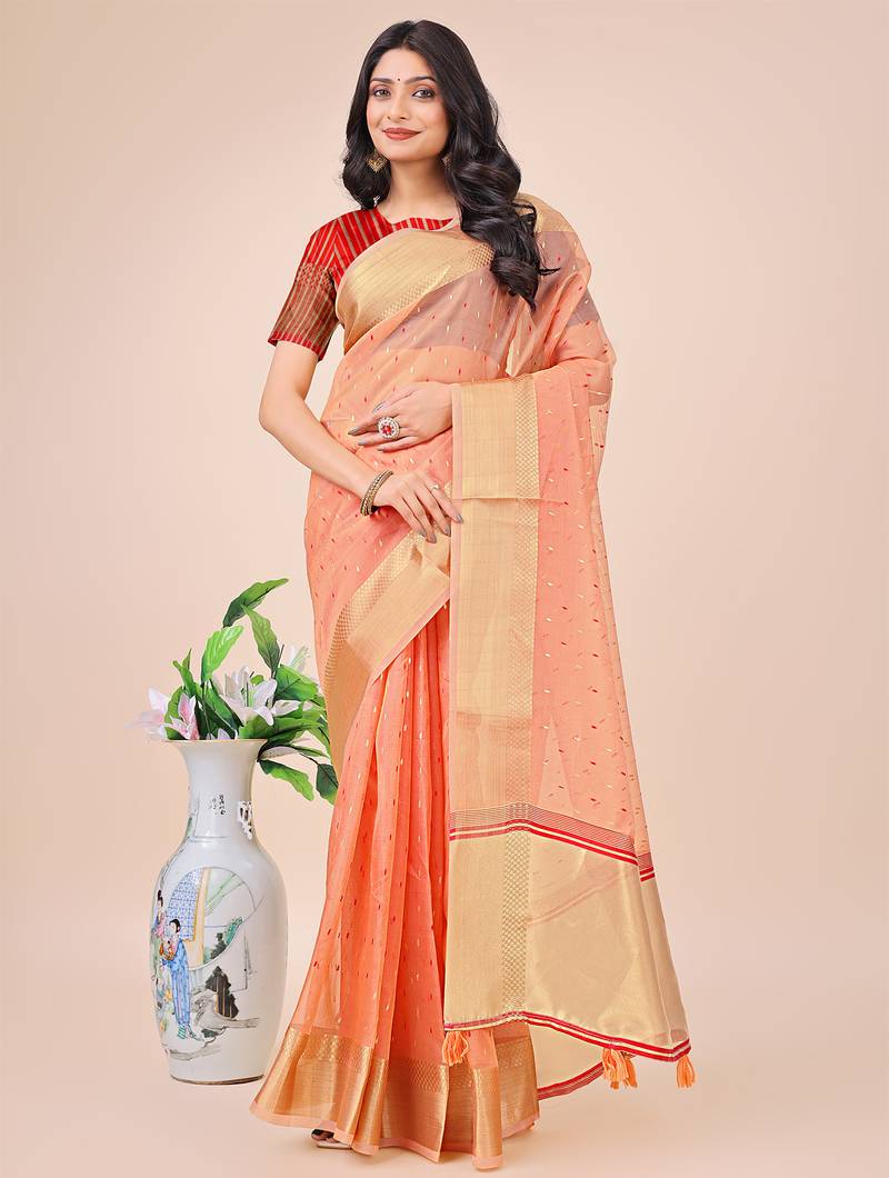 peach color zari border work orgenza saree with blouse