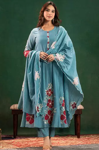 Blue chanderi silk heavy thread embroidery work kurta pant set