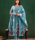 Blue chanderi silk heavy thread embroidery work kurta pant set