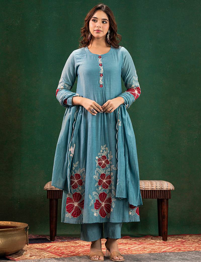Blue chanderi silk heavy thread embroidery work kurta pant set