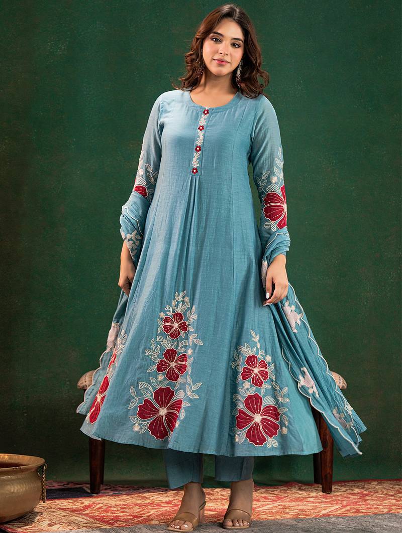 Blue chanderi silk heavy thread embroidery work kurta pant set