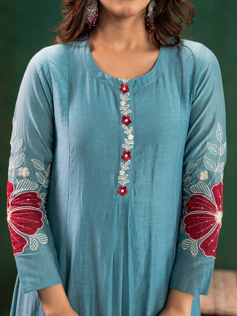 Blue chanderi silk heavy thread embroidery work kurta pant set