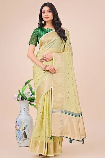 light green color zari border work orgenza saree with blouse