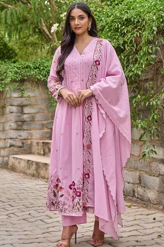 Pink chanderi silk heavy thread embroidery with hand work kurta pant set