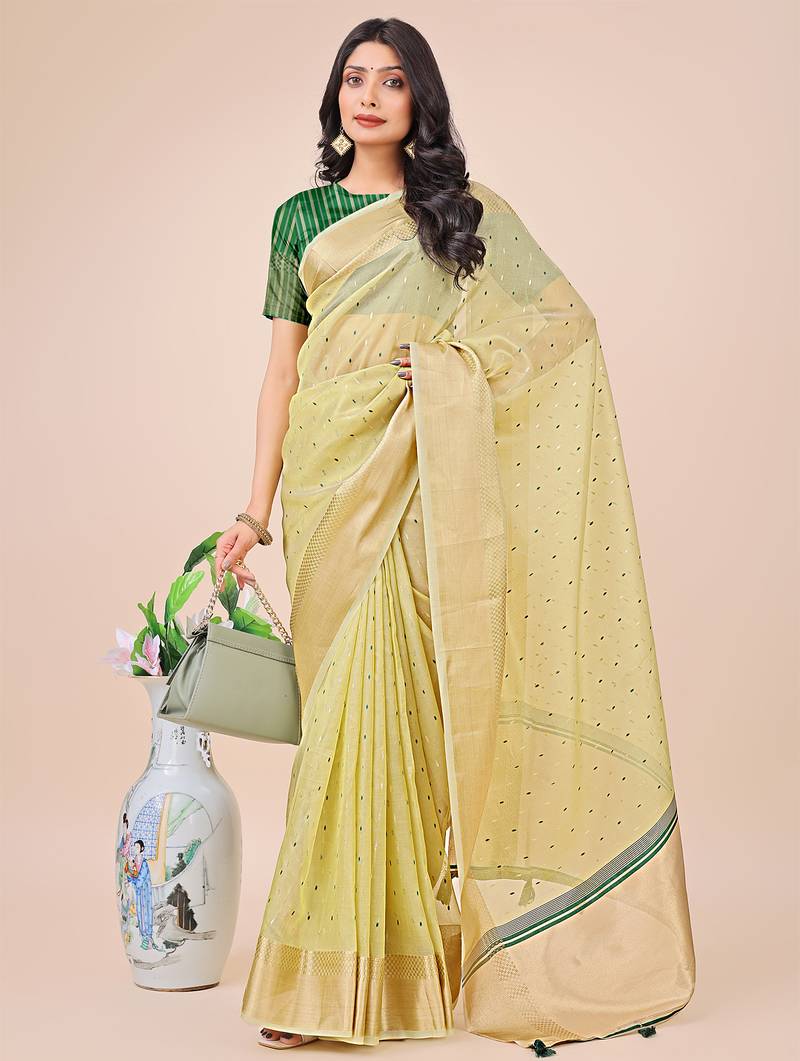 light green color zari border work orgenza saree with blouse