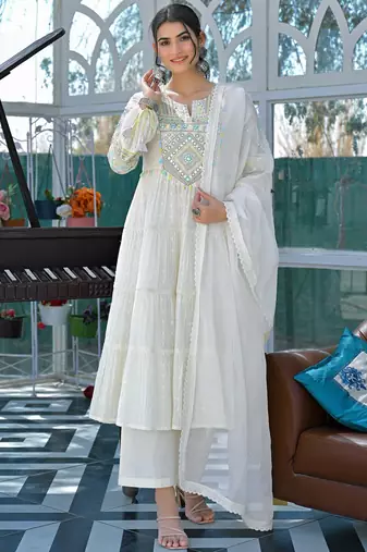 White flex butti cotton heavy thread embroidery work with hand kodi lace kurta pant set