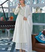 White flex butti cotton heavy thread embroidery work with hand kodi lace kurta pant set