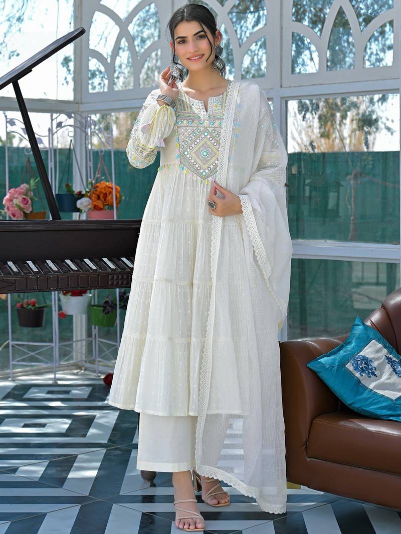 White flex butti cotton heavy thread embroidery work with hand kodi lace kurta pant set