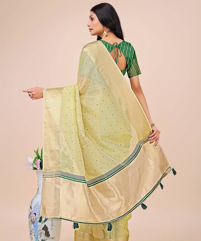 light green color zari border work orgenza saree with blouse
