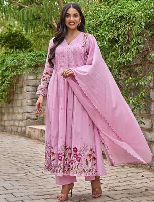 Pink chanderi silk heavy thread embroidery with hand work kurta pant set 2