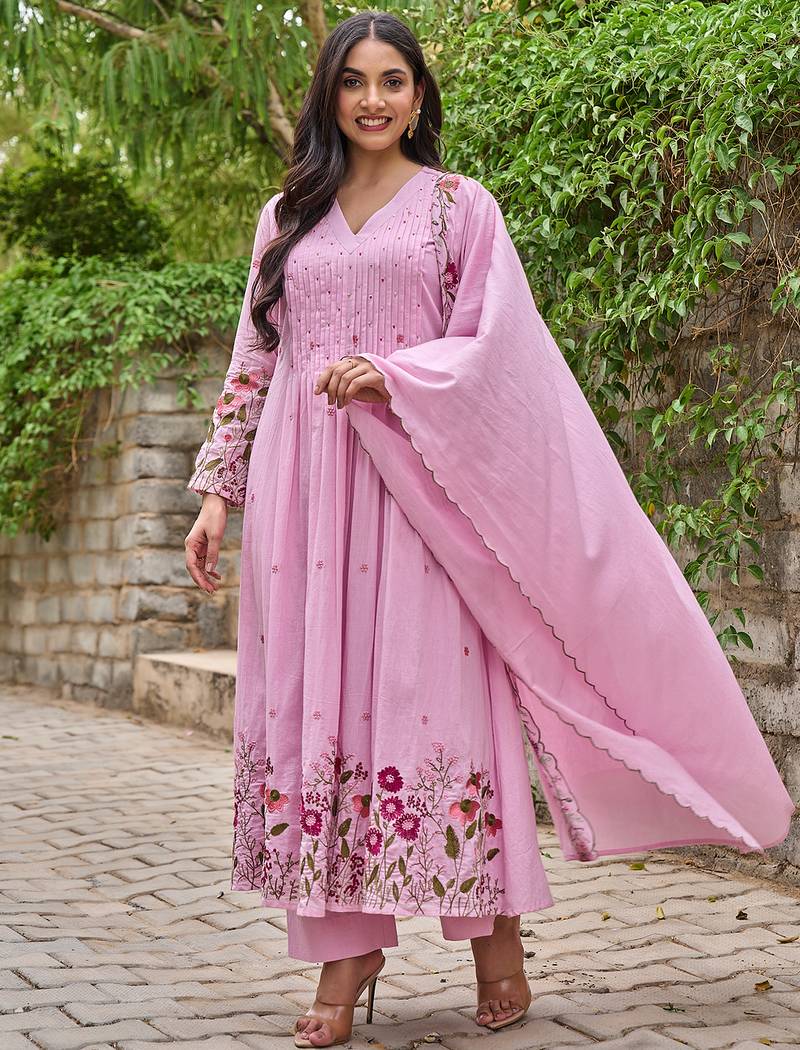 Pink chanderi silk heavy thread embroidery with hand work kurta pant set