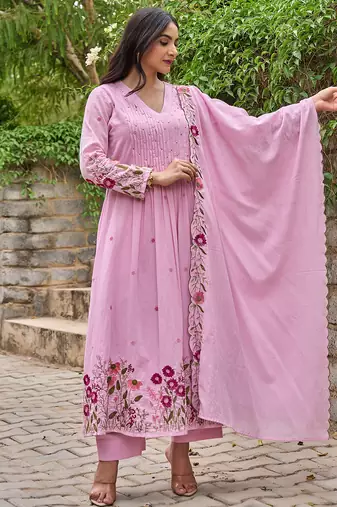 Pink chanderi silk heavy thread embroidery with hand work kurta pant set