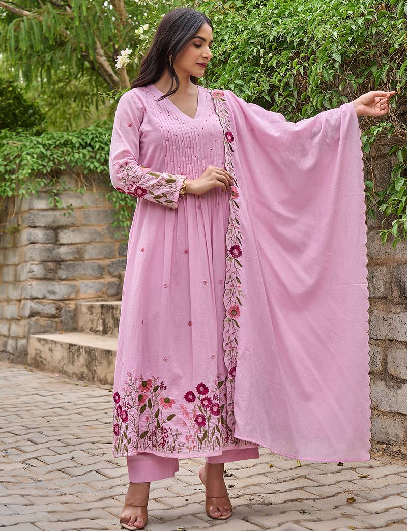 Pink chanderi silk heavy thread embroidery with hand work kurta pant set