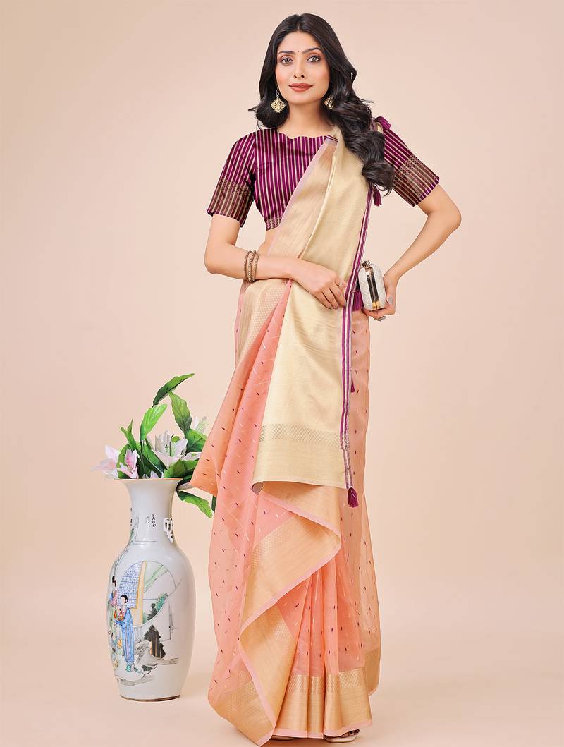light pink color zari border work orgenza saree with blouse