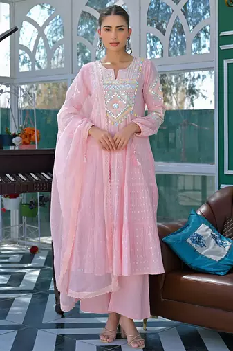 Pink flex butti cotton heavy thread embroidery work with hand kodi lace kurta pant set