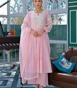 Pink flex butti cotton heavy thread embroidery work with hand kodi lace kurta pant set