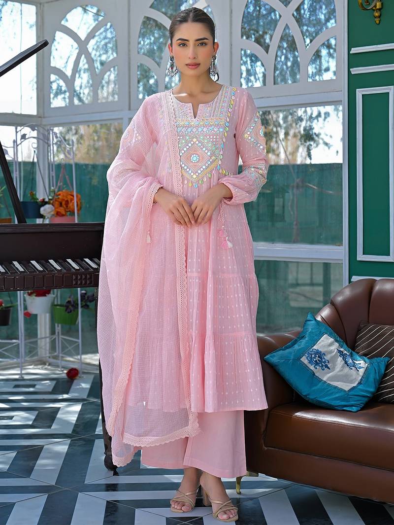 Pink flex butti cotton heavy thread embroidery work with hand kodi lace kurta pant set