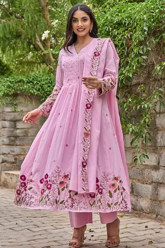 Pink chanderi silk heavy thread embroidery with hand work kurta pant set