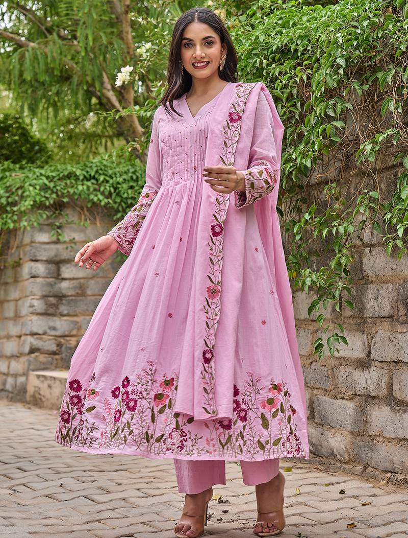 Pink chanderi silk heavy thread embroidery with hand work kurta pant set