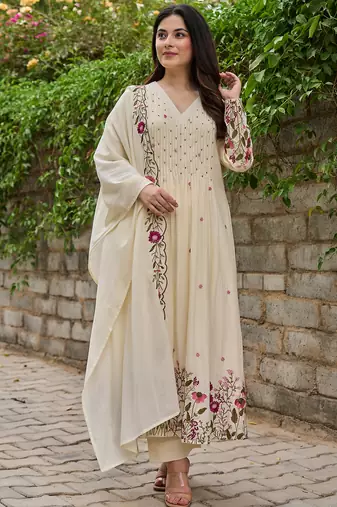 Cream chanderi silk heavy thread embroidery with hand work kurta pant set