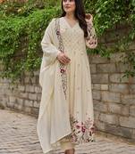 Cream chanderi silk heavy thread embroidery with hand work kurta pant set