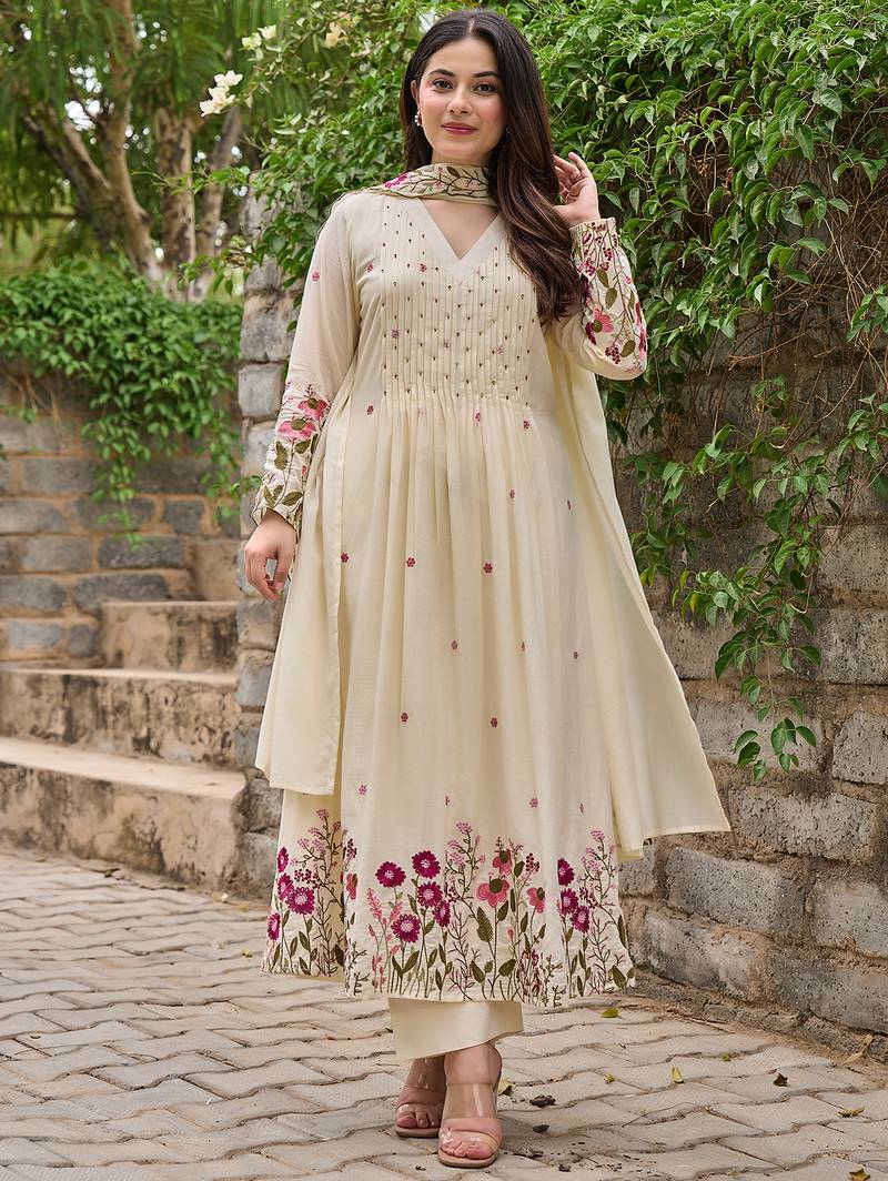 Cream chanderi silk heavy thread embroidery with hand work kurta pant set