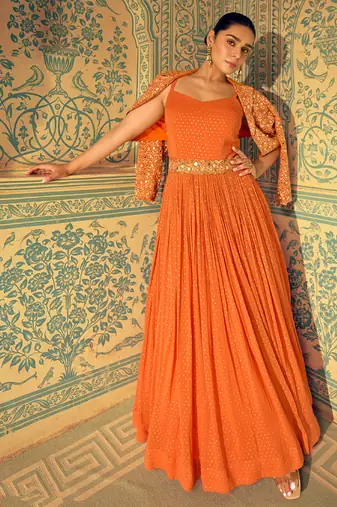 Orange banarasi silk anarkali for women wedding wear
