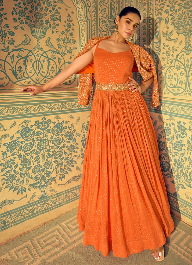 Orange banarasi silk anarkali for women wedding wear