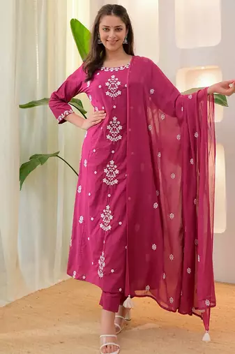 Dark pink rayon slub heavy thread embroidery work kurta pant set