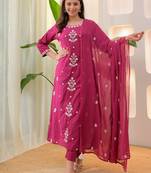 Dark pink rayon slub heavy thread embroidery work kurta pant set