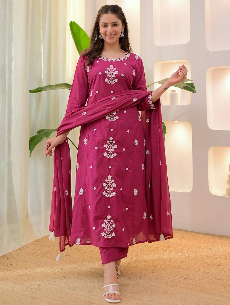 Dark pink rayon slub heavy thread embroidery work kurta pant set