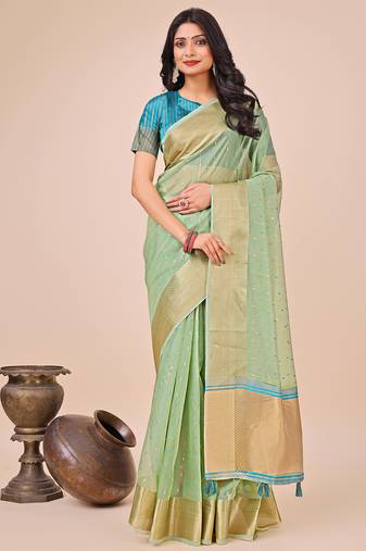 green color zari border work orgenza saree with blouse