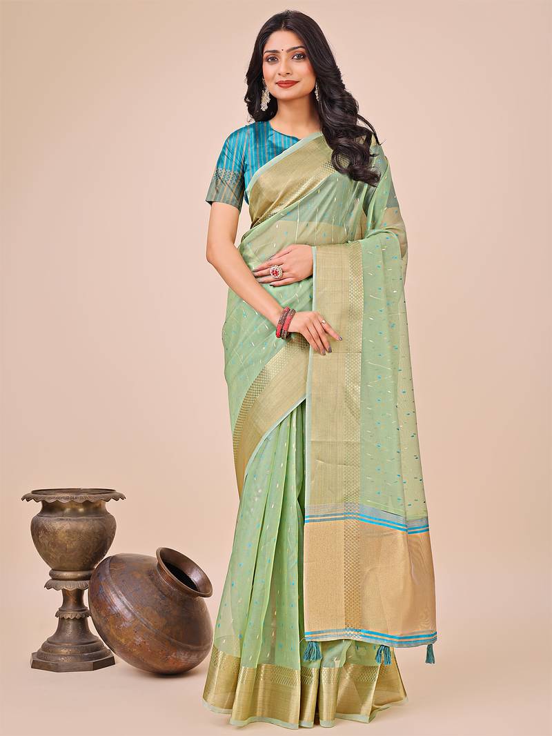 green color zari border work orgenza saree with blouse