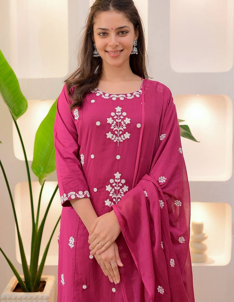 Dark pink rayon slub heavy thread embroidery work kurta pant set