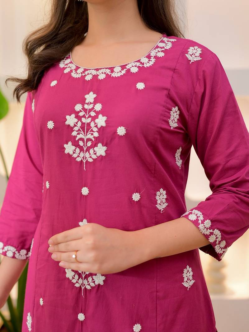 Dark pink rayon slub heavy thread embroidery work kurta pant set