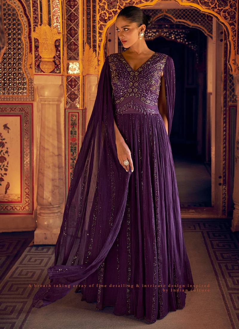 New cocktail wear purple georgette embroidery anarkali gown for women