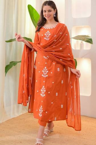 Orange rayon slub heavy thread embroidery work kurta pant set