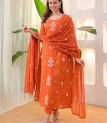 Orange rayon slub heavy thread embroidery work kurta pant set