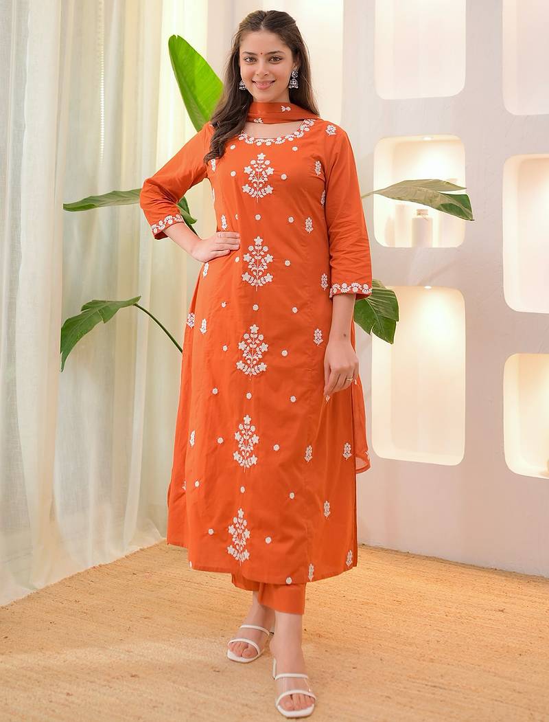 Orange rayon slub heavy thread embroidery work kurta pant set