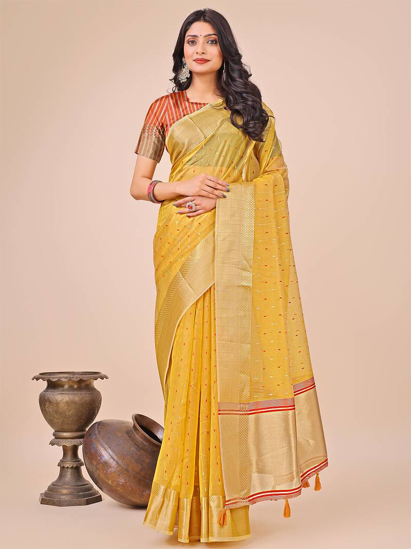 yellow color zari border work orgenza saree with blouse